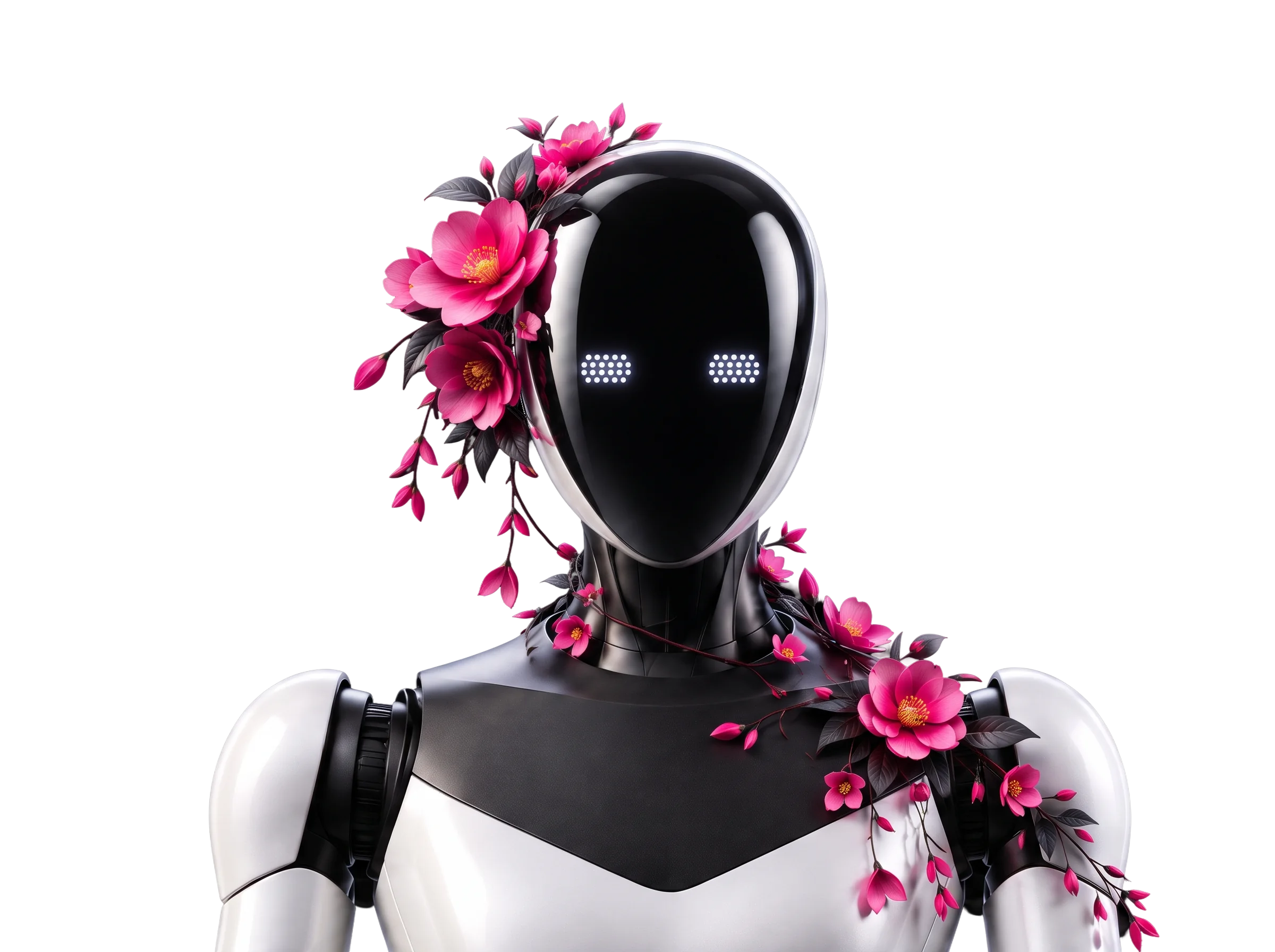 Black and white robot decorated with pink flowers